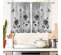 AAtter Black and White Floral Flower Window Curtains for Kitchen Abstract Gray Grey Leaf Small Short Home Living Room Bedroom Bathroom Drapes Treatment Tiers Fabric 1 Pair, 27.5" W x 39" L, Pretty