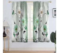 AAtter Green Floral Window Curtain Rustic Country Flower White Daisy Butterfly Sage Mint Black Boho Botanical Living Room Bedroom Drapes Treatment Fabric 1 Pair Home Decor, 42" W x 63" L, Spring