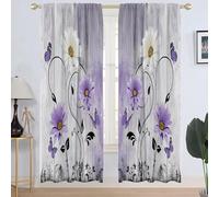 AAtter Purple Floral Window Curtain Lavender Lilac Rustic Flowers Country Butterfly White Daisy Abstract Long Wide Living Room Bedroom Window Drapes Treatment Fabric 1 Pair, 52" W x 84" L, Wooden