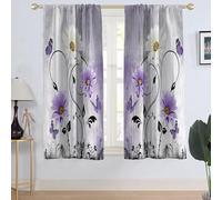 AAtter Purple Floral Window Curtain Lavender Lilac Rustic Flowers Country Butterfly White Daisy Abstract Leaves Wide Living Room Bedroom Window Drapes Treatment Fabric 1 Pair, 52" W x 63" L, Wooden