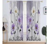 AAtter Purple Floral Window Curtain Lavender Lilac Rustic Flowers Country Butterfly White Daisy Abstract Leaves Long Living Room Bedroom Window Drapes Treatment Fabric 1 Pair, 42" W x 84" L, Wooden
