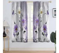 AAtter Purple Floral Window Curtain Lavender Lilac Rustic Flowers Country Butterfly White Daisy Abstract Black Leaves Living Room Bedroom Window Drapes Treatment Fabric 1 Pair, 42" W x 63" L, Wooden