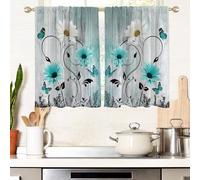 AAtter Teal Floral Window Curtains for Kitchen Turquoise Aqua Flowers White Daisy Butterfly Small Short Home Living Room Bedroom Bathroom Drapes Treatment Tiers Fabric 1 Pair, 27.5" W x 39" L, Rustic