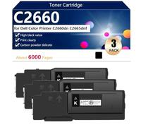 aauot C2660 Toner Cartridge Compatible for Dell Color C2660dn C2665dnf Printers, High Yield 6000 Pages, Clear Printing,Black-3 pack