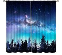 AAVEUP Forest Night Sky Curtains for Kitchen,Rustic North Star Moonlight Decor, Starry Moon Galaxy Nature Window Drapes Print for Boys Girls Bedroom Living Room 42x45in （No Blackout）