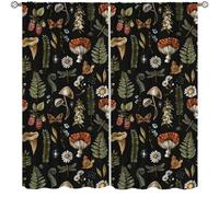 AAVEUP Rustic Mushroom Curtains, Vintage Black Fairytale Boho Forest Woodland Leaves Plants Mushrooms Flowers Blackout Windows Treatments, Thermal Insulated Drapes for Kids Boys Girls Bedroom 72x63in