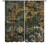 AAVEUP Vintage World Map Decor Curtains for Boys,Old Brown Ocean Nautical Sailboat Ancient Mermaid Pirate Compass Treasure Map Window Drapes Print for Kids Teenage Bedroom Living Room 42x45in