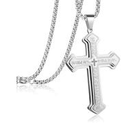 Aayahakawa Vintage Christian Bible Text Stainless Steel Cross Pendant Necklace Men's Punk Bike Amulet Jewelry Religious Prayer Accessories (Silver)