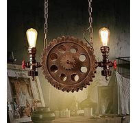 AAYMFPBQ Retro Industrial Style Big Gear Wheel Chandelier Bronze or Wood Wheel Metal Water Pipe Pendant Light for Restaurant Bar Cafe Staircase Corridor Hanging Lamp E27 110V~240V Intere
