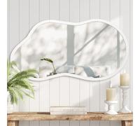 AAZZKANG Irregular Wall Mirror Wooden Large 65x40cm Decorative Hanging Mirrors Asymmetrical for Bedroom Dressing Room Living Room Bathroom Entryway White