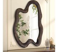 AAZZKANG Large Vintage Wall Mirror with Wooden Frame Irregular Hanging Mirrors 70x50cm Asymmetrical for Bathroom Bedroom Living Room Entryway Brown