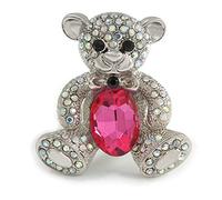 AB Crystal Fuchsia Glass Stone Teddy Bear Brooch/Pendant In Silver Tone - 45mm Long