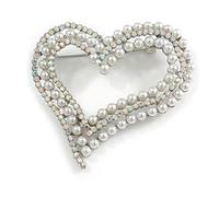 AB Crystal White Faux Pearl Assymetrical Open Large Heart Brooch In Silver Tone - 55mm