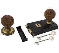 AB Hardware Classic Old English Narrow Rim Door Lock and Knob Handle Set- Beehive Teak + Aged Brass