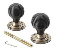 AB Hardware Ebonised Black Wood Beehive Rim Mortice Door Knobs Knob Pair Set Quality (Antique Brass)