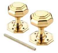 AB Hardware Large Solid Brass Octagonal Mortice Door Knobs 70mm - Polished Brass Door Knob Pair with Backplate and Spindle