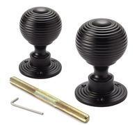 AB Hardware Matte Black Beehive Door Knobs Pair - 50mm Solid Brass Powder Coated Victorian Style Rim Mortice Door Handles - Reeded Interior Door Knob Set with Backplates & Spindle
