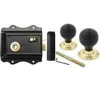 AB Hardware Old English Victorian Style Latch Lock Snib + Ebonised Beehive Rim Door Knob Set (Polished Brass)