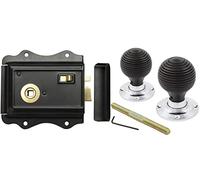 AB Hardware Old English Victorian Style Latch Lock Snib + Ebonised Beehive Rim Door Knob Set (Polished Chrome)