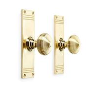 AB Hardware Solid Brass Beehive Door Knobs On Backplate Mortice Reeded Pair Set (Polished Brass)