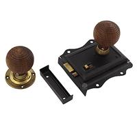 AB Hardware Teak & Aged Brass Wood Beehive Knobs Old English Antique Rim Latch Lock Snib