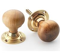 AB Hardware Teak & Polished Brass Wooden Wood Round Bun Mortice Rim Door Knobs Knob Pair Set