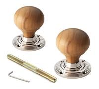 AB Hardware Teak Wood Bun Door Knobs with Polished Nickel Backplates - Solid Brass Reeded Rose Pair for Rim & Mortice Doors