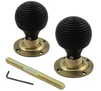 AB Hardware True Ebony Wood Beehive Door Knobs Knob Pair Aged Brass Backplates Rim Mortice