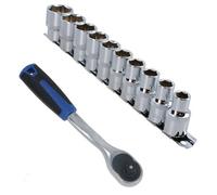 AB Tools 1/2" Drive Curved Ratchet 72 Teeth + 10Pc Metric Shallow Sockets 10mm - 24mm