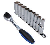 AB Tools 1/2In Drive Curved Ratchet 72 Teeth And 9Pc Whitworth Deep Sockets 1/8In To 5/8In