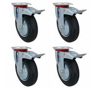 AB Tools 200mm Hd Braked Castor Wheel Rubber Tyre For Trolleys Trucks Carts 4Pc
