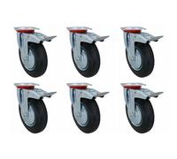 AB Tools 200mm Hd Braked Castor Wheel Rubber Tyre For Trolleys Trucks Carts 6Pc