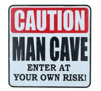 AB Tools Caution Man Cave Cast Iron Sign Plaque Wall Fence Post Door Workshop Garage