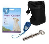 AB Tools Dog Puppy Training Bundle- Multi Clicker, Silent Adjustable Whistle & Treat Bag