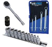 AB Tools Female Torx E Sockets E4-E18 + Spanners E6-E24 1/4" Drive Ratchet + Step Up