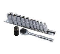 AB Tools Female Torx Star E Sockets E4 - E18 + 1/4" Drive Ratchet + Step Up 1/4" - 3/8"
