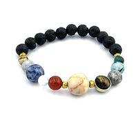 AB Viking Crafts Handmade Lava Stone Bracelet with Planets Solar System Made of Real Gemstones in Gift Box | Happiness Power Energy, 18 cm, Gemstone, Lava Stone