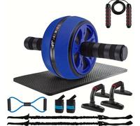 Ab Workout Equipment, 10-In-1 Ab Exercise Wheels Kit with Resistance Bands, Knee Mat, Large Ab Roller, Push Up Bar, Jump Rope, Grip Strength Trainer, Pulling Rope, Ab Mat,Core Strength Exercise，Blue