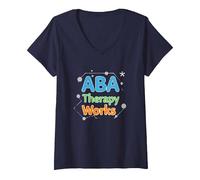 ABA Therapy Works: Autism Support Professionals V-Neck T-Shirt, Women, Navy, XXL