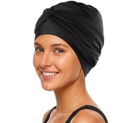 Ababalaya Satin Lined Waterproof Swim Caps for Thick Long Hair Dreadlocks Afros Durable Silicone Large Swim Turban for Women Youth Girls Tear-Proof Swimming Caps to Keep Hair Dry, Black, M