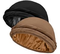 Ababalaya Upgraded Satin Lined Halo Turban Durag for Men &Women Sleeping Bonnet PRE-Tied Headwraps for Hair Loss, Black/Khaki, M-XL