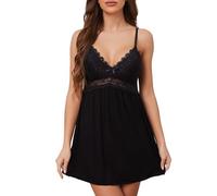 Ababoon Sexy Lingerie Women Lace Modal Sleepwear Chemises V-Neck Full Slip Babydoll Nightgown, Noble Black, S