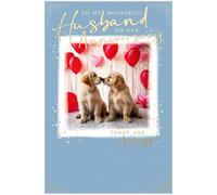 Abacus Cards Anniversary Card for Husband - Cute Puppy Dogs and Heart Balloon Design - Embossed Foil Finish - Anniversary Greeting Card to my Wonderful Husband