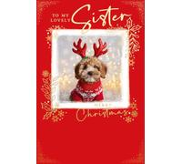 Abacus Cards Christmas Card for Sister - Festive Dog in Antlers - Embossed Gold Foil Finish - Premium Christmas Greeting Card with Envelope