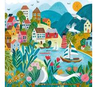 Abacus Cards - Coastal Village Greetings Card - From The Birchwood Range - Lovely Artistic Coastal Scene by Caroline Bonne Müller - Blank Inside
