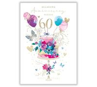Abacus Cards Diamond Anniversary Card - Pretty Floral Cake Design - Handfinished with Diamante Gems - Embossed Foil Finish - 60th Wedding Anniversary Card for a Special Couple or Loved One