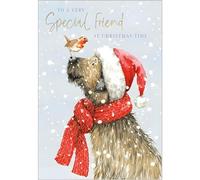 Abacus Cards Friend Christmas Card - Christmas Cards with Festive Dog and Robin Design with Special Finish - Eco-Friendly Single Xmas Cards with Envelope