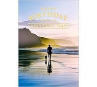 Abacus Cards General Male 'Happy Birthday' Card - 'Man Walking Dog on Tranquil Beach' - Foil and Embossed Finish - for Him - The Graphite Range