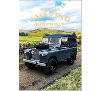 Abacus Cards Male Open 'Happy Birthday' Greeting Card - Land Rover On Country Road - w/ A Gold Foil Finish -Him - From The Graphite Range At Abacus Cards,Green Blue Brown Black White Gold,123 x 178mm