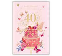 Abacus Cards Ruby Anniversary Card - Pretty Floral Cake & Butterfly Design - Handfinished with Diamante Gems - Embossed Foil Finish - 40th Wedding Anniversary Card for a Special Couple or Loved One